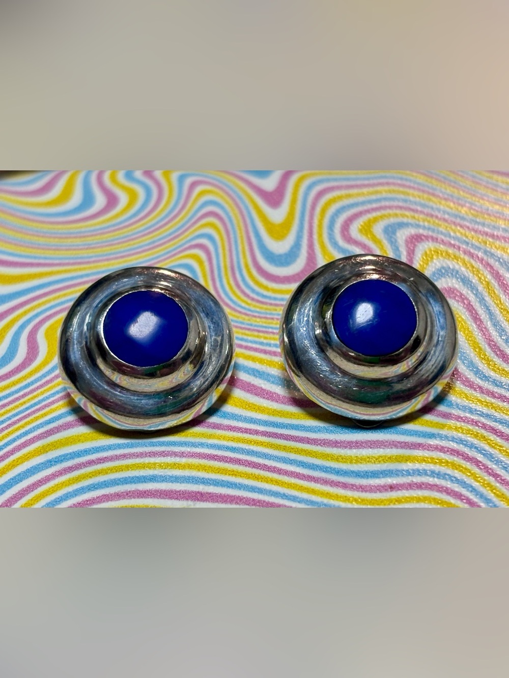 Estate Vintage Taxco 925 Sterling Silver Lapis Clip-On Earrings